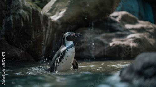 A whimsical penguin swims playfully in the blue water of an aquarium, surrounded by rocks and other aquatic creatures, Created with generative Ai Technology.