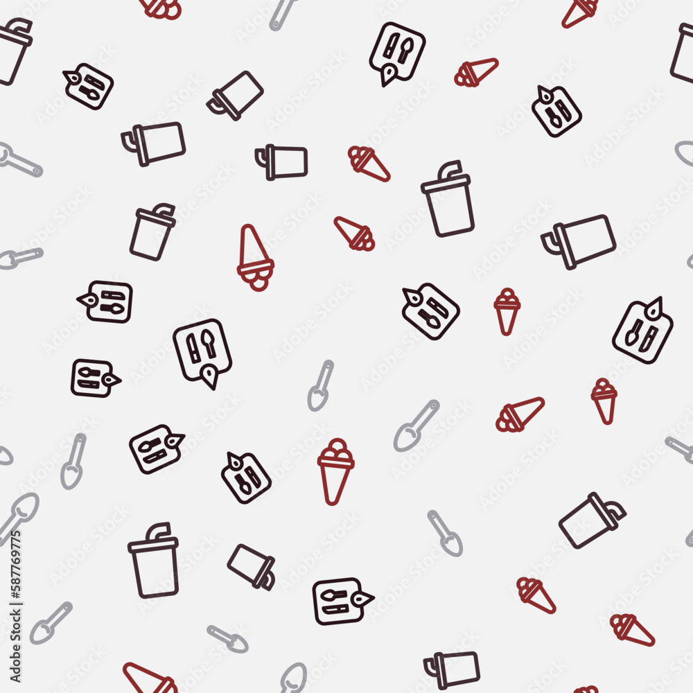 Set line Cafe and restaurant location, Paper glass with water, Spoon and Ice cream in waffle on seamless pattern. Vector