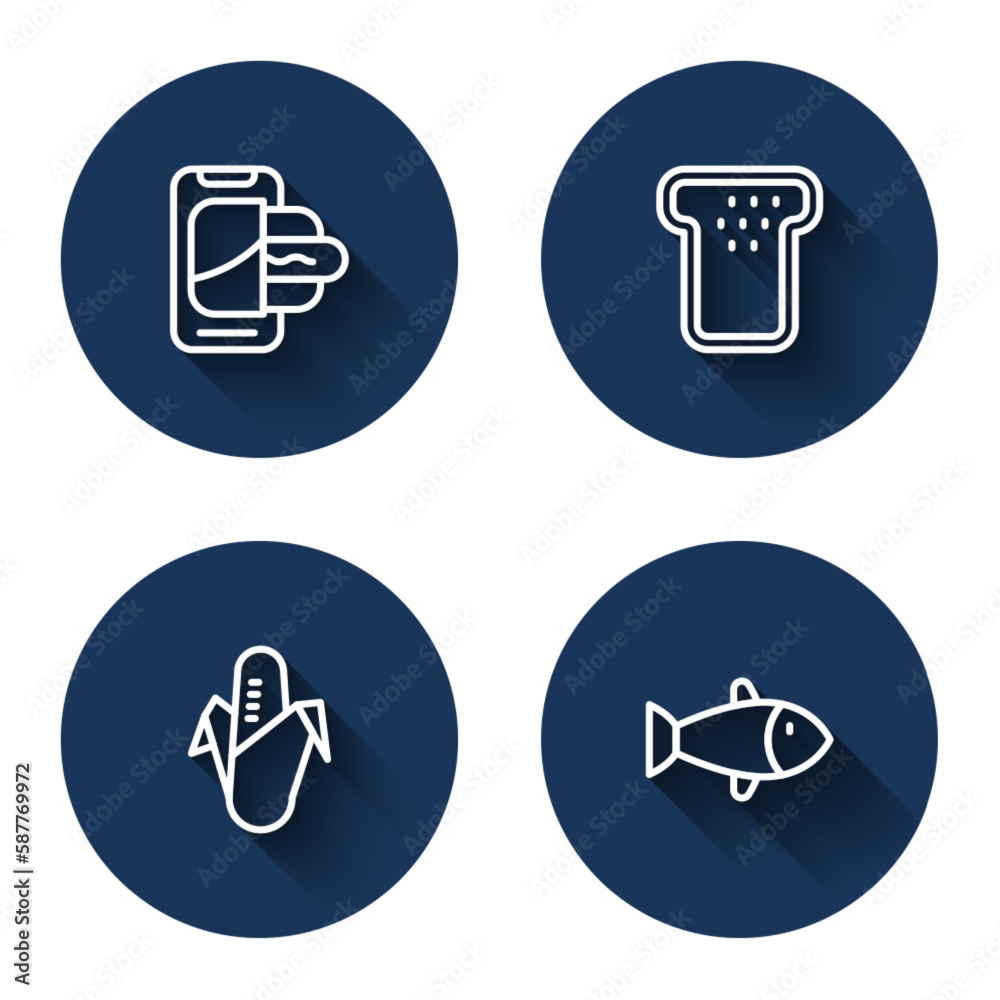 Set line Food ordering on mobile, Bread toast, Corn and Fish with long shadow. Blue circle button. Vector Set line Food ordering on mobile, Bread toast, Corn and Fish with long shadow. Blue circle button. Vector