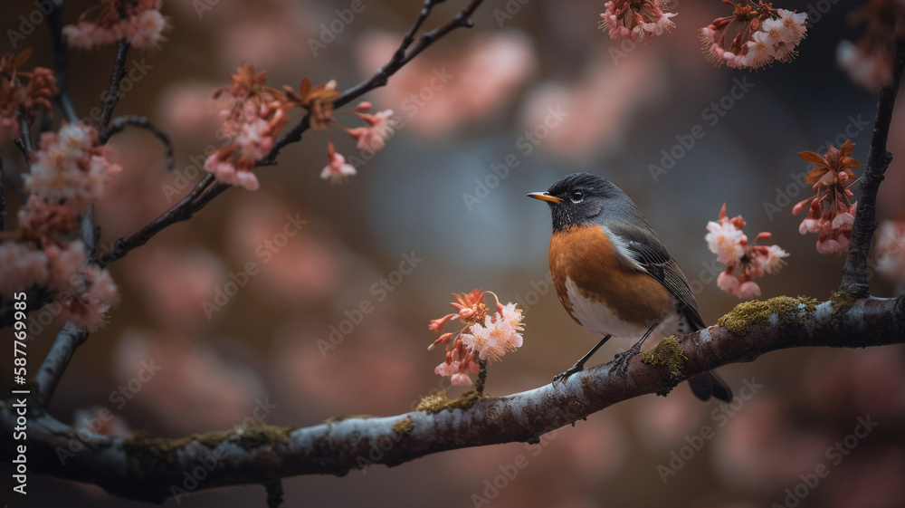 Small robin bird on pink spring flowers in a tree. Generative AI Small robin bird on pink spring flowers in a tree. Generative AI