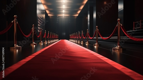 Red Carpet hallway with barriers and red ropes for Cinema and Fashion Awards, a ceremony for celebrities persons. Generative AI