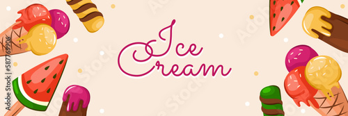 Colorful ice cream background.Web banner template. Vector illustration of seasonal healthy takeaway food, cafe menu, bar, banner.