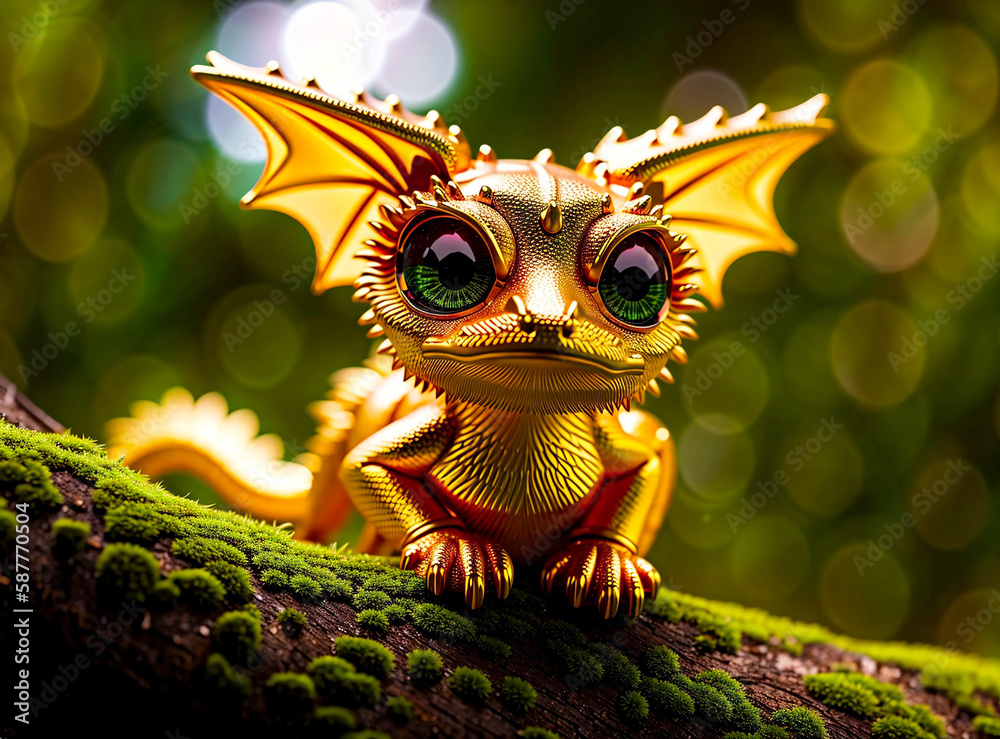 Cute deep golden baby dragon created with Generative AI.