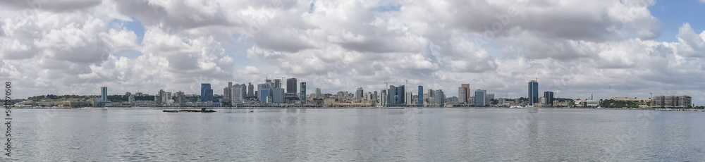 Panoramic view at the Luanda downtown, with cityscape skyline buildings, Luanda bay , Cabo Island and Port of Luanda, Luanda fortress, marginal and historical central buildings, in Angola