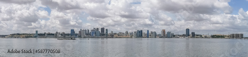 Panoramic view at the Luanda downtown, with cityscape skyline buildings, Luanda bay , Cabo Island and Port of Luanda, Luanda fortress, marginal and historical central buildings, in Angola