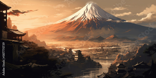 The view of mount fuji from a city, anime style, Generative Ai 