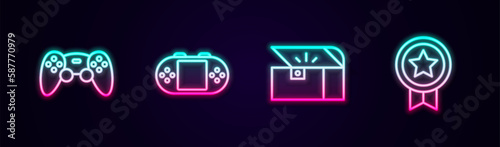 Set line Game controller or joystick, Portable video game console, Chest for and rating with medal. Glowing neon icon. Vector