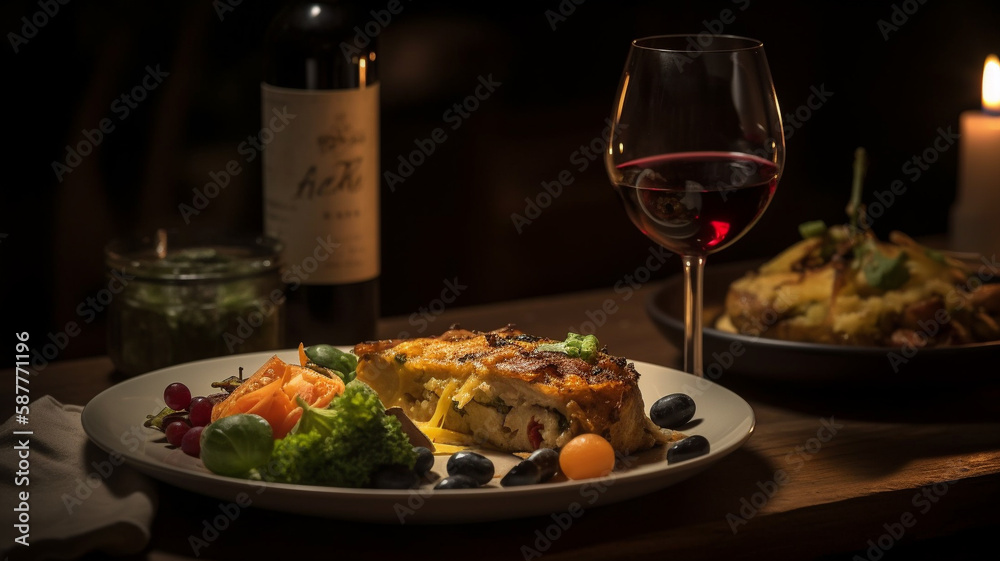 a plate of food with a glass of wine and a bottle of wine on the side of the plate and a glass of wine on the side. generative ai a plate of food with a glass of wine and a bottle of wine on the side of the plate and a glass of wine on the side. generative ai