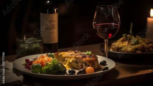 a plate of food with a glass of wine and a bottle of wine on the side of the plate and a glass of wine on the side. generative ai