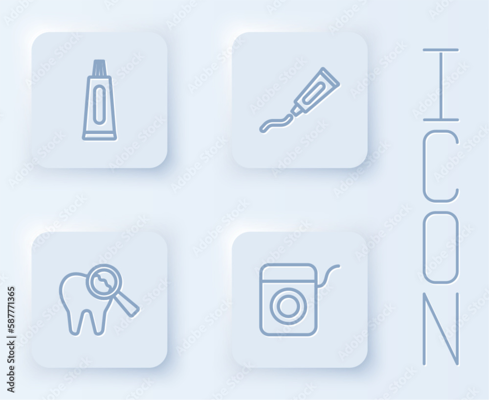 Set line Tube of toothpaste, Broken and Dental floss. White square button. Vector Set line Tube of toothpaste, Broken and Dental floss. White square button. Vector