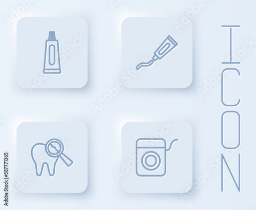 Set line Tube of toothpaste  Broken and Dental floss. White square button. Vector