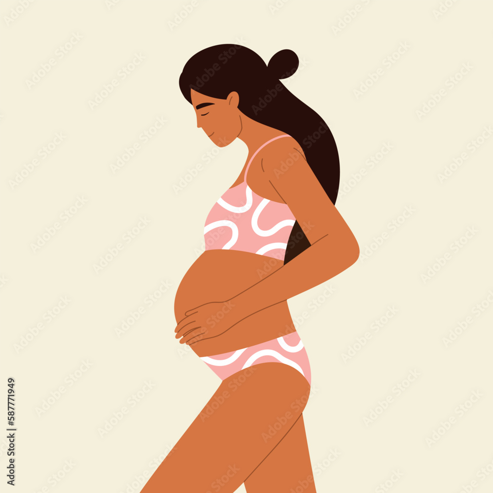 Young pregnant woman hugging her belly. Pregnancy, maternity and motherhood aesthetic. Vector illustration in cartoon style. Isolated white background. Young pregnant woman hugging her belly. Pregnancy, maternity and motherhood aesthetic. Vector illustration in cartoon style. Isolated white background.