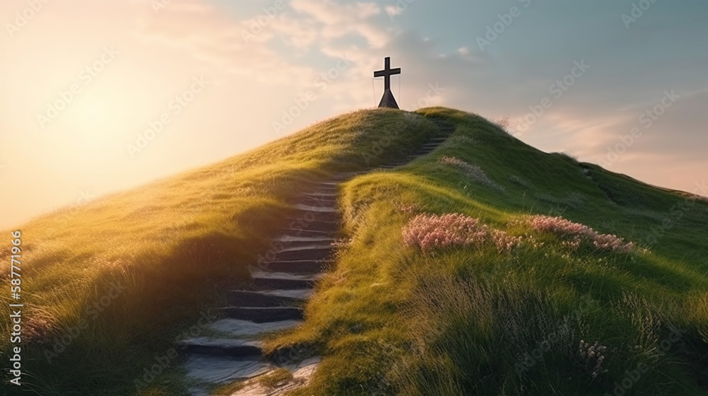Cross on the hill, the path leading to God, Happy easter. Christian symbol of faith, generative ai
