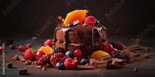 Illustration of a chocolate dessert combined with fruit. An explosion of flavor. Food photography style on dark background. Studio light. Dessert poster idea. Generative AI