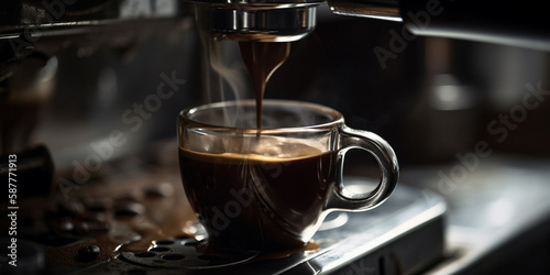 Close-up coffee extraction or pouring espresso shot from coffee machine with sunset sky, copy space, brewing drinks, making morning coffee, extract flavor, with Generative Ai