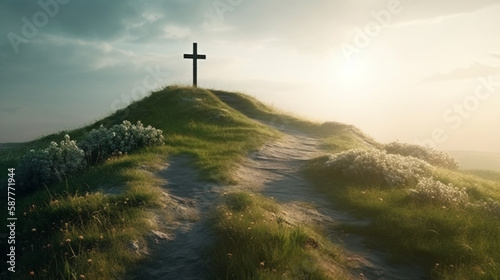 Cross on the hill, the path leading to God, Happy easter. Christian symbol of faith, generative ai