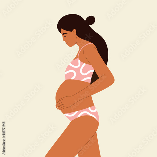 Young pregnant woman hugging her belly. Pregnancy, maternity and motherhood aesthetic. Vector illustration in cartoon style. Isolated white background.