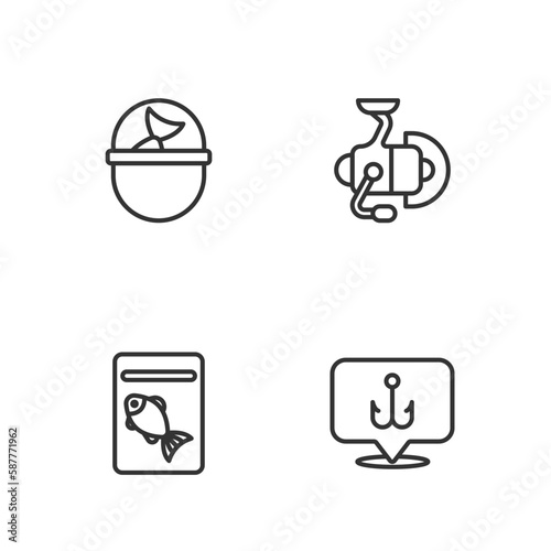 Set line Fishing hook  Served fish on plate  bucket with and Spinning reel for fishing icon. Vector
