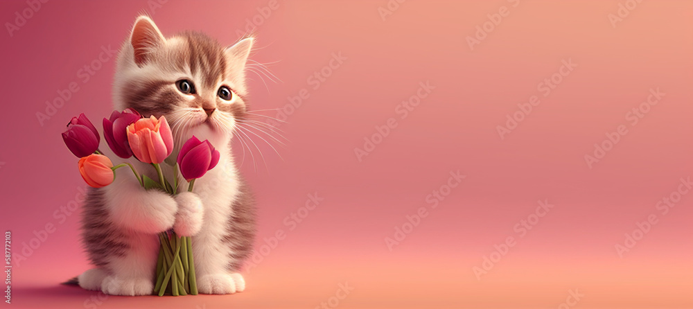 Cute cat holding a bouquet of tulips on pink background. Generative Ai Cute cat holding a bouquet of tulips on pink background. Generative Ai