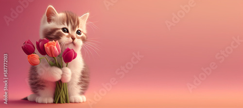 Cute cat holding a bouquet of tulips on pink background. Generative Ai © mizan