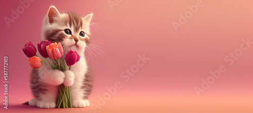 Cute cat holding a bouquet of tulips on pink background. Generative Ai