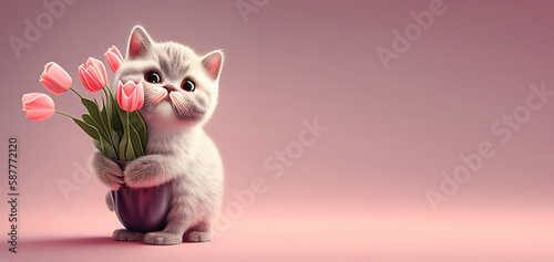 Cute cat holding a bouquet of tulips on pink background. Generative Ai