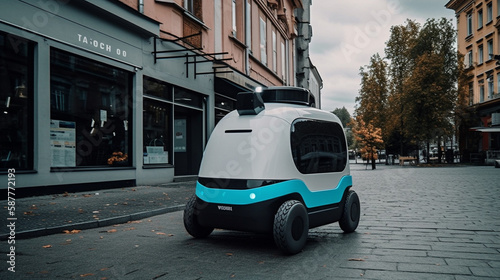 Delivery robot that is autonomous in Tallinn, Estonia. A business in Estonia is creating autonomous delivery cars. Future technology idea with an autonomous courier robot. Generative AI