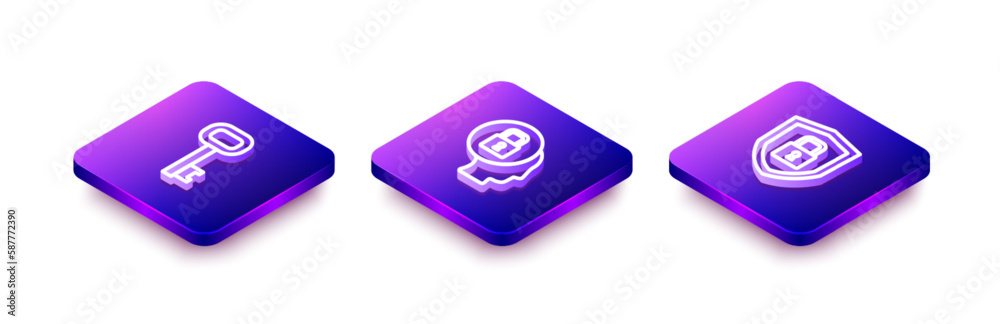 Set Isometric line Old key, Lock and Shield security with lock icon. Vector Set Isometric line Old key, Lock and Shield security with lock icon. Vector
