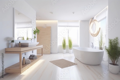 Luxurious beautiful minimalist bright spacious bathroom concept illustration. Created with Generative AI technology.