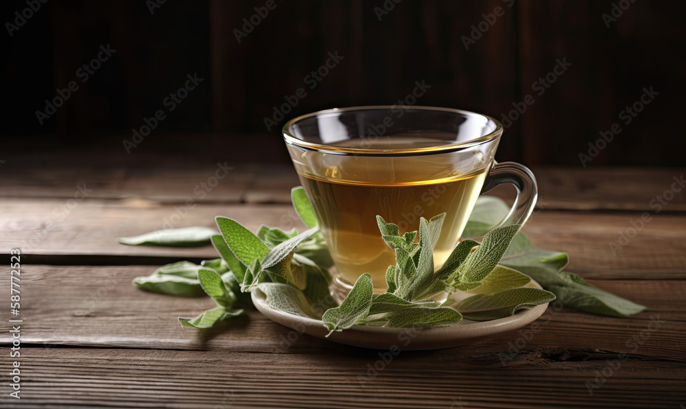Cup of aromatic sage tea and fresh leaves on wooden table, generative AI Cup of aromatic sage tea and fresh leaves on wooden table, generative AI