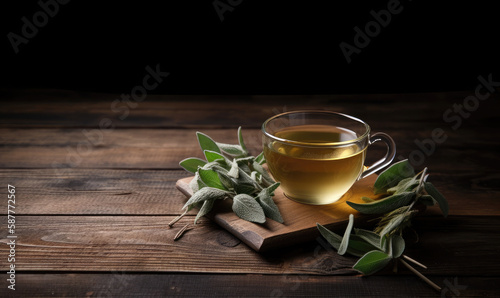 Cup of aromatic sage tea and fresh leaves on wooden table, generative AI