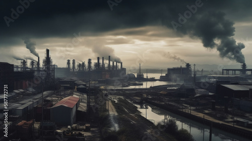 industrial landscape with smokestacks and factories emitting carbon emissions, representing the negative impact of climate change on air quality, generative ai © mizan