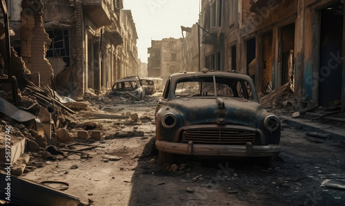 Destroyed car on the background War-torn city with broken buildings, Street of the bombed, generative AI