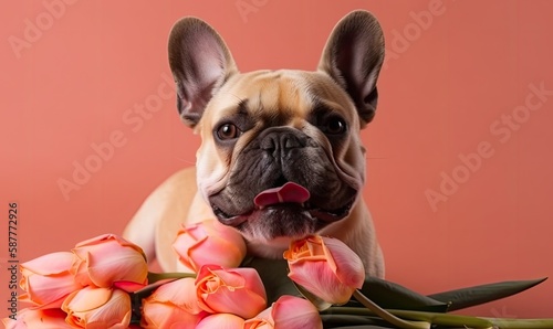 Dog holding a bouquet of tulips in his teeth on a pink background, Spring card for Valentine's Day, Women's Day, Birthday, generative AI