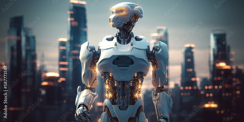 Smart Artificial Intelligence Robot Engineer and futuristic cityscape as background. Generative AI Smart Artificial Intelligence Robot Engineer and futuristic cityscape as background. Generative AI