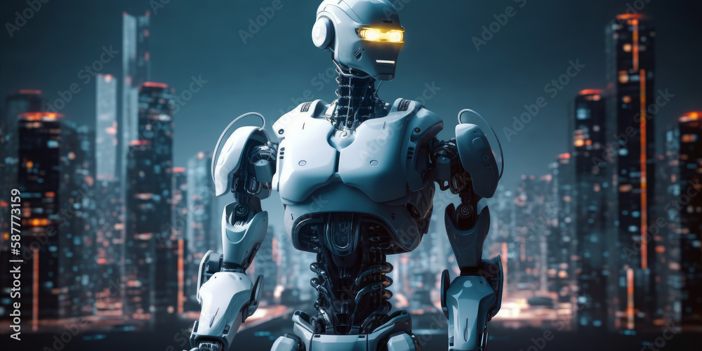 Smart Artificial Intelligence Robot Engineer and futuristic cityscape as background. Generative AI Smart Artificial Intelligence Robot Engineer and futuristic cityscape as background. Generative AI
