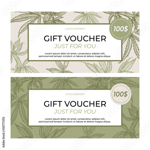 A set of botanical gift certificate templates. Leaves of medical cannabis in the background. Plants
