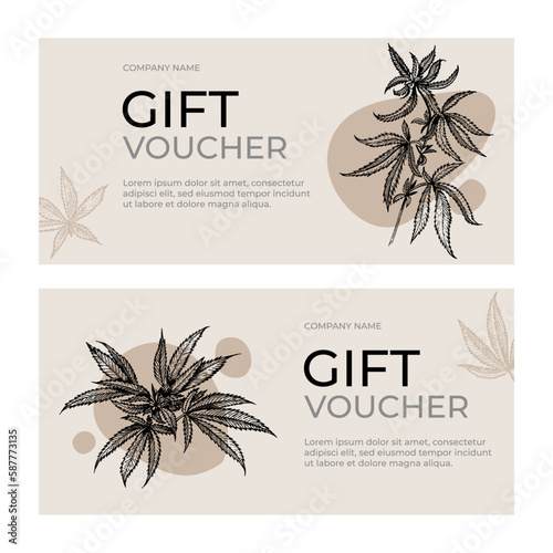 A set of botanical gift certificate templates. Leaves of medical cannabis in the background. Plants