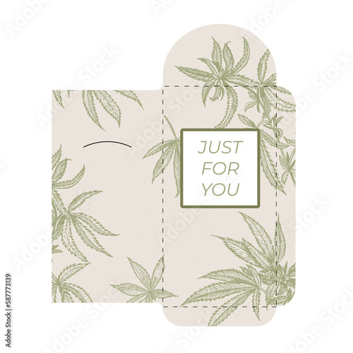 Eco envelope template. Leaves of medical cannabis in the background. Eco vegan design. Natural design