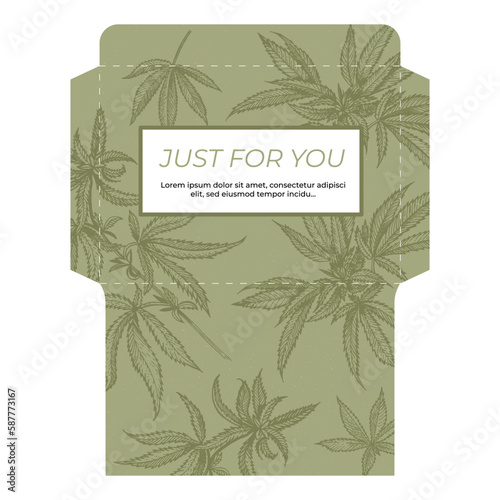 Eco envelope template. Leaves of medical cannabis in the background. Eco vegan design. Natural design