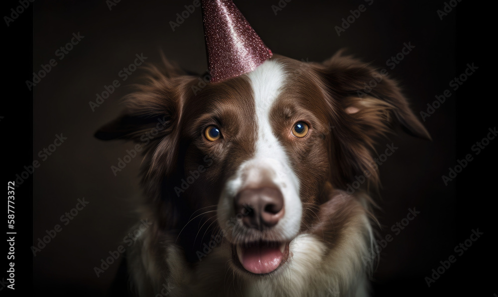 Dog in a festive cap at a birthday party, generative AI