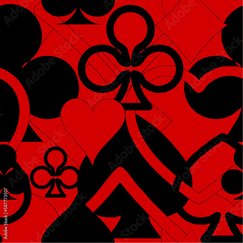 abstract seamless black and red pattern of different card suits, texture, design