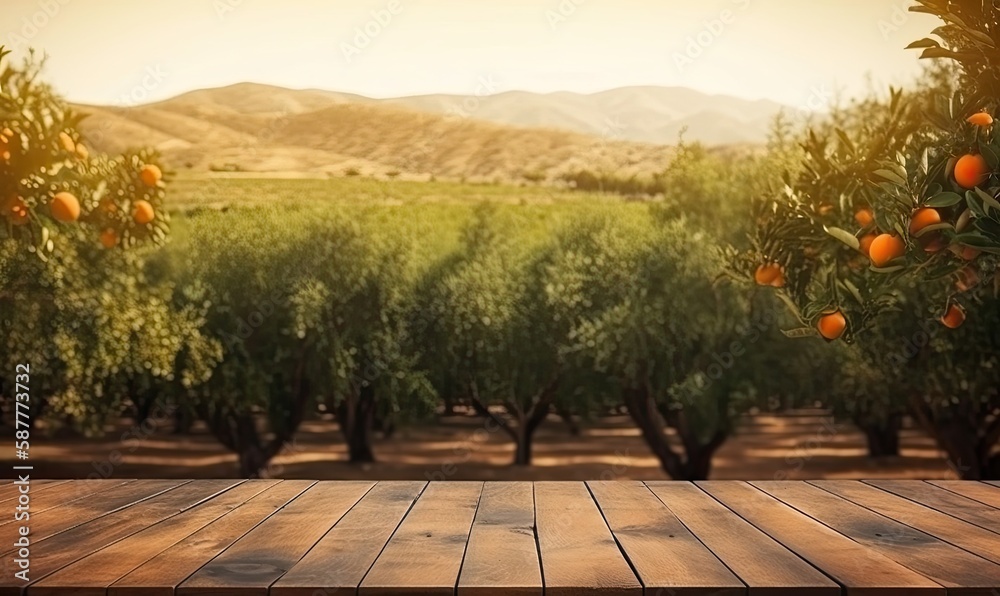 Empty wood table with free space over orange trees, orange field background, generative AI Empty wood table with free space over orange trees, orange field background, generative AI