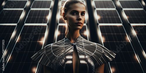 If woman be a photovoltaic. Woman in tech world. Techno woman. Woman of the future, AI generative
