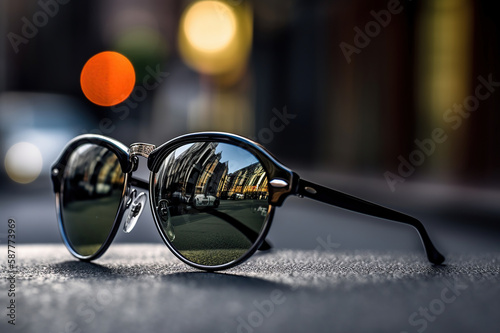 pair of sunglasses sitting on top of a sidewalk. Generative Ai