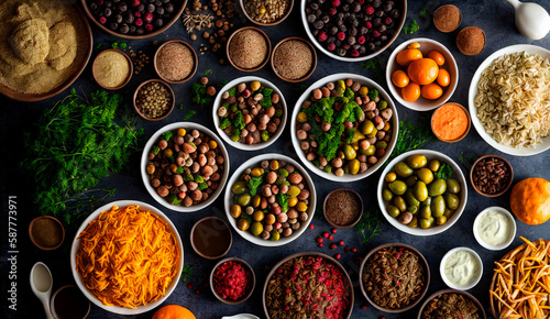 Dry seasonings. Top view of various condiments. Generative AI.