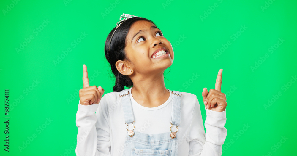 Green screen, mockup and child pointing up excited, happy and isolated in a studio background. Deal, sale and young girl or kid hands showing at brand, product placement or branding logo Green screen, mockup and child pointing up excited, happy and isolated in a studio background. Deal, sale and young girl or kid hands showing at brand, product placement or branding logo