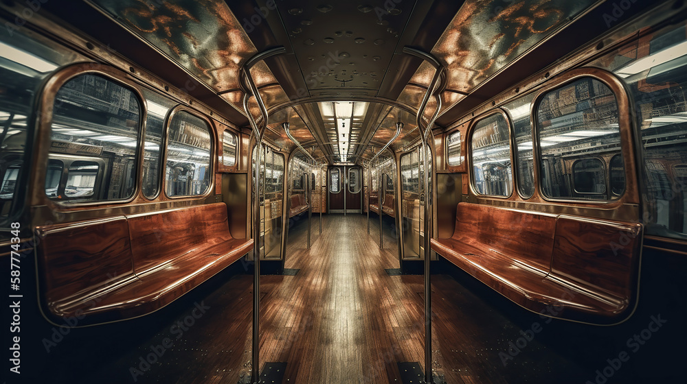 Fototapeta premium subway car with its wooden benches . Generative Ai