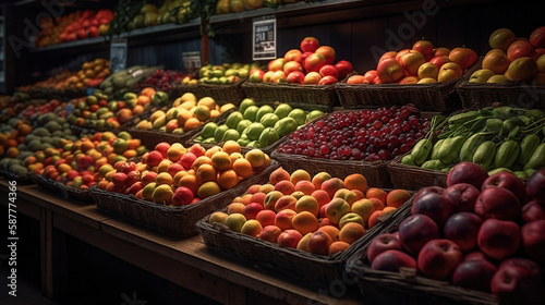 Fresh fruits and vegetables on the shelf in the supermarket. Generative Ai