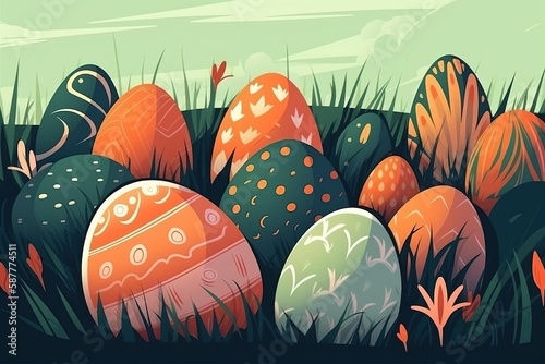 Cartoon Easter eggs on meadow green grass. Spring season. Painted and decorated eggs.
